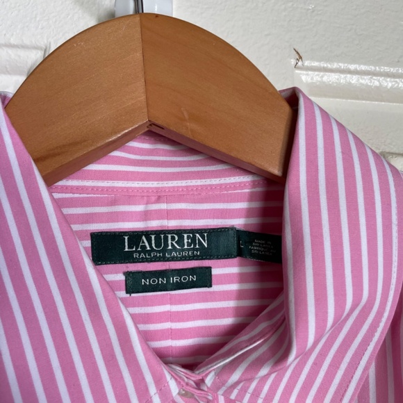LAUREN RALPH LAUREN Pink and White Non-Iron Straight-Fit Shirt, Regular Large - Picture 2 of 3